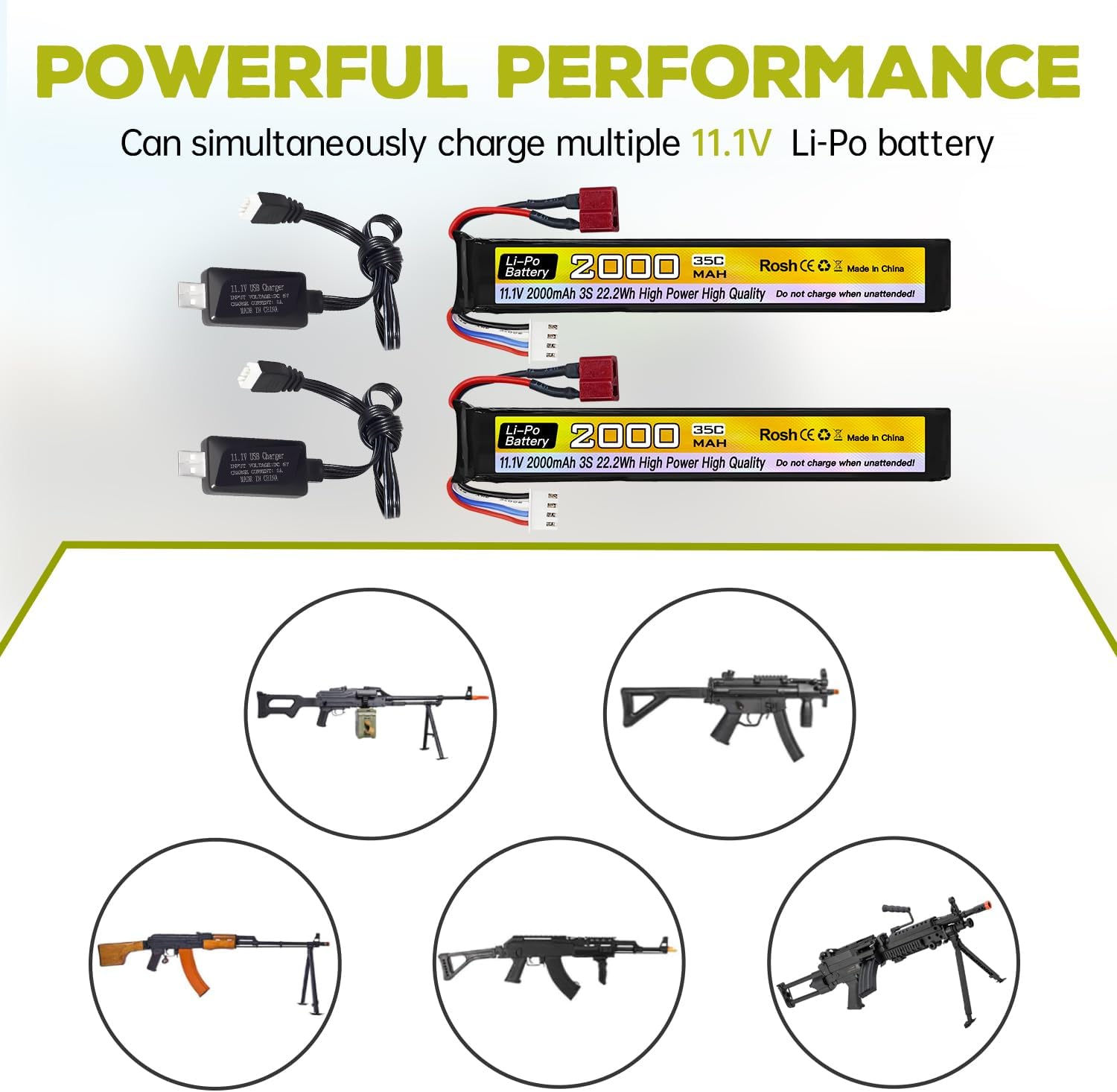 sea jump 2PCS 11.1V 2000mAh Lipo Battery with T Plug and USB Charging Cable Suitable for Air Soft Bullet Model Gun 3S Rechargeable Lithium Polymer Battery