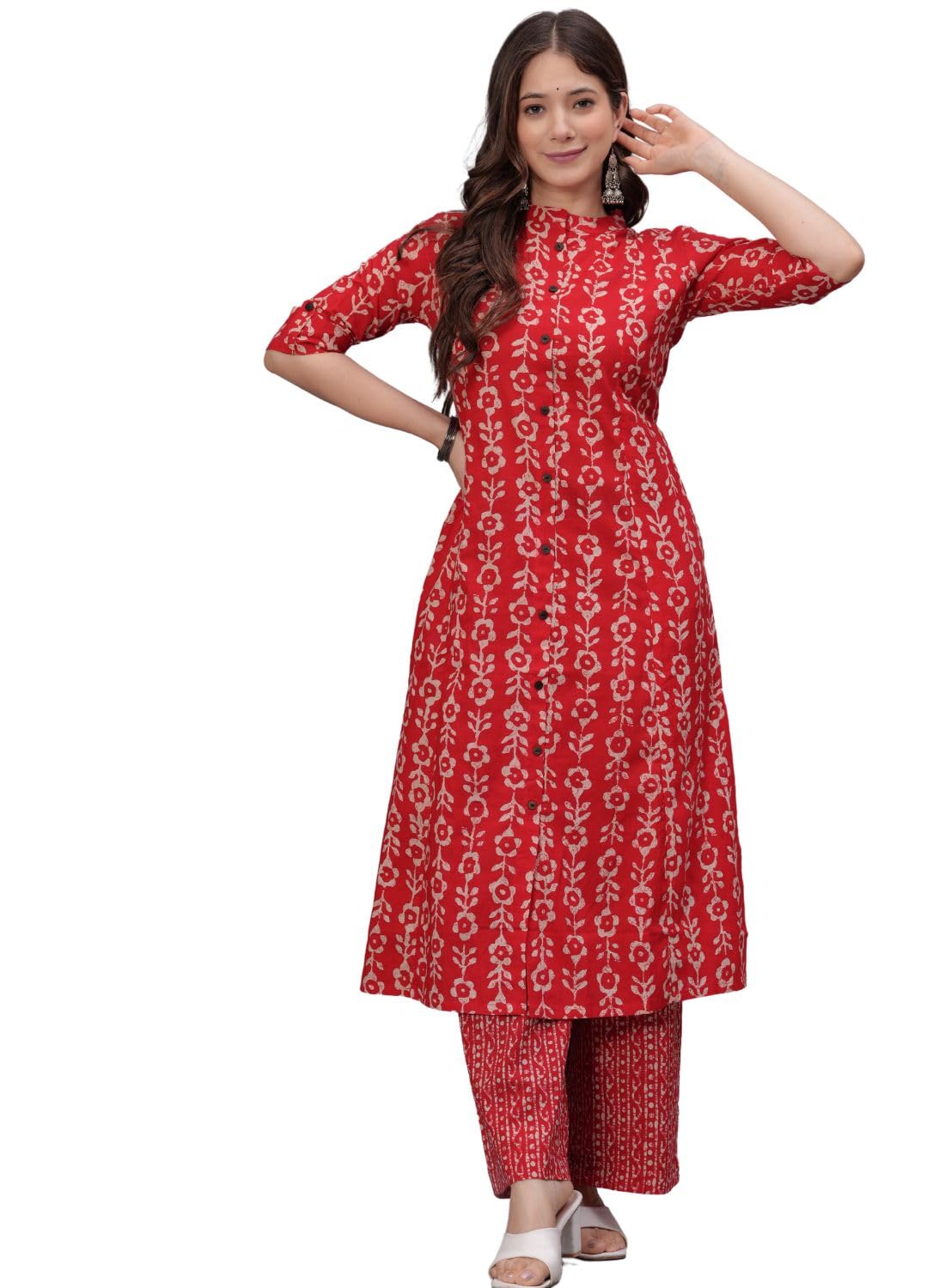Rytras Women's Pure Cotton Printed A-Line Kurta Set With Palazzo Pants - Ethnic Wear, Red(Ryt622-New,Xl)