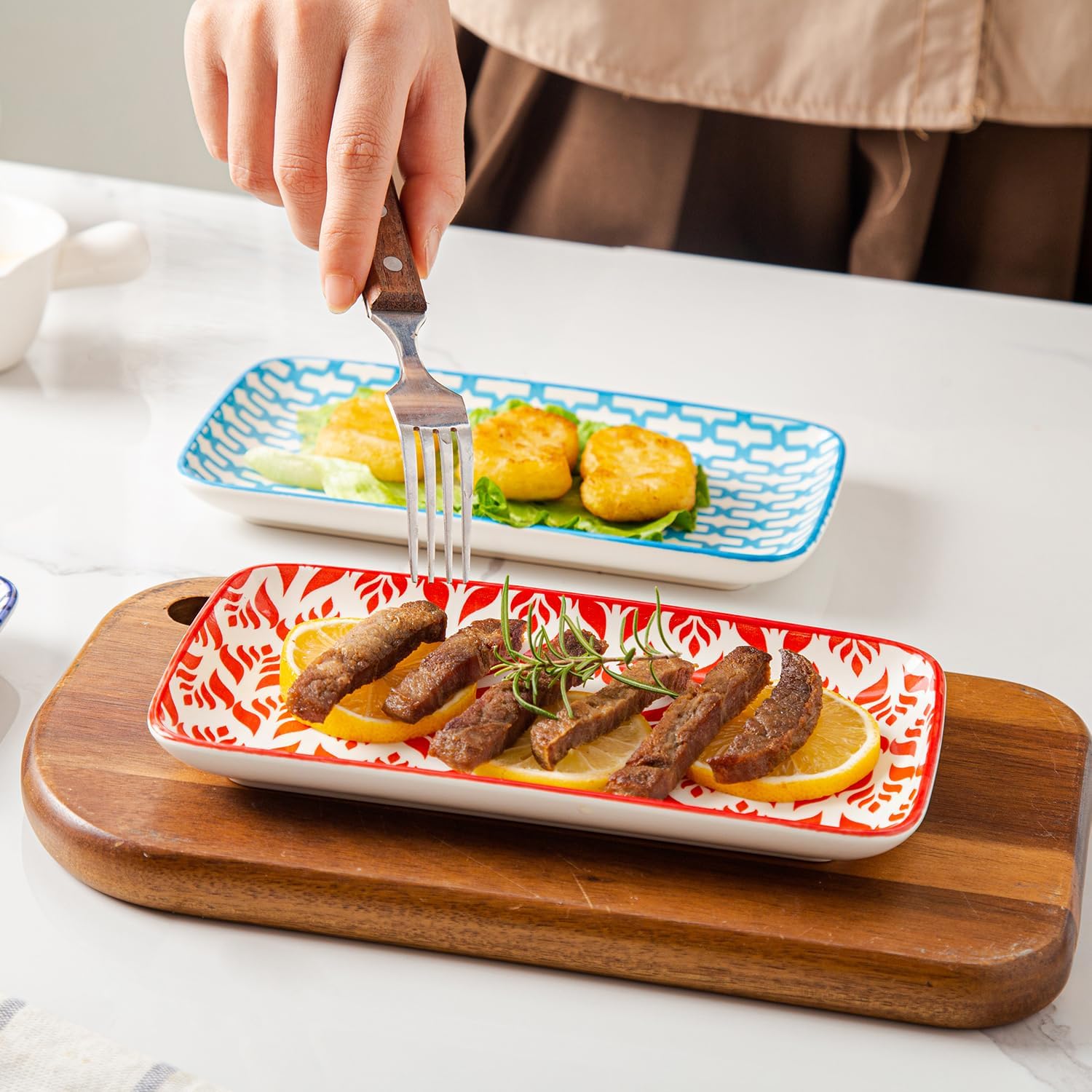 Ceramic Rectangle Salad Plates Set - 8.1" x 4.5" Rectangular Serving Platter - Serving Trays for Sushi Dinner Dessert Pasta Appetizer - Microwave Dishwasher Safe - Set of 6 - Assorted Colors