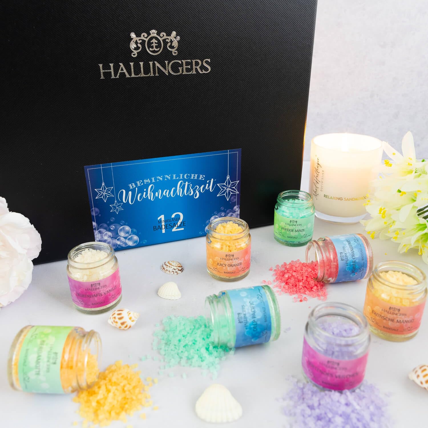 Hallingers Genuss Manufaktur Badesalze Weihnachts-Geschenk-Set - 12x Badezusatz mit Totes Meer Badesalz edle Geschenkbox, Badekristalle Fußbad & Spa "Besinnliche Wei...", Weihnachten für Frauen Männer