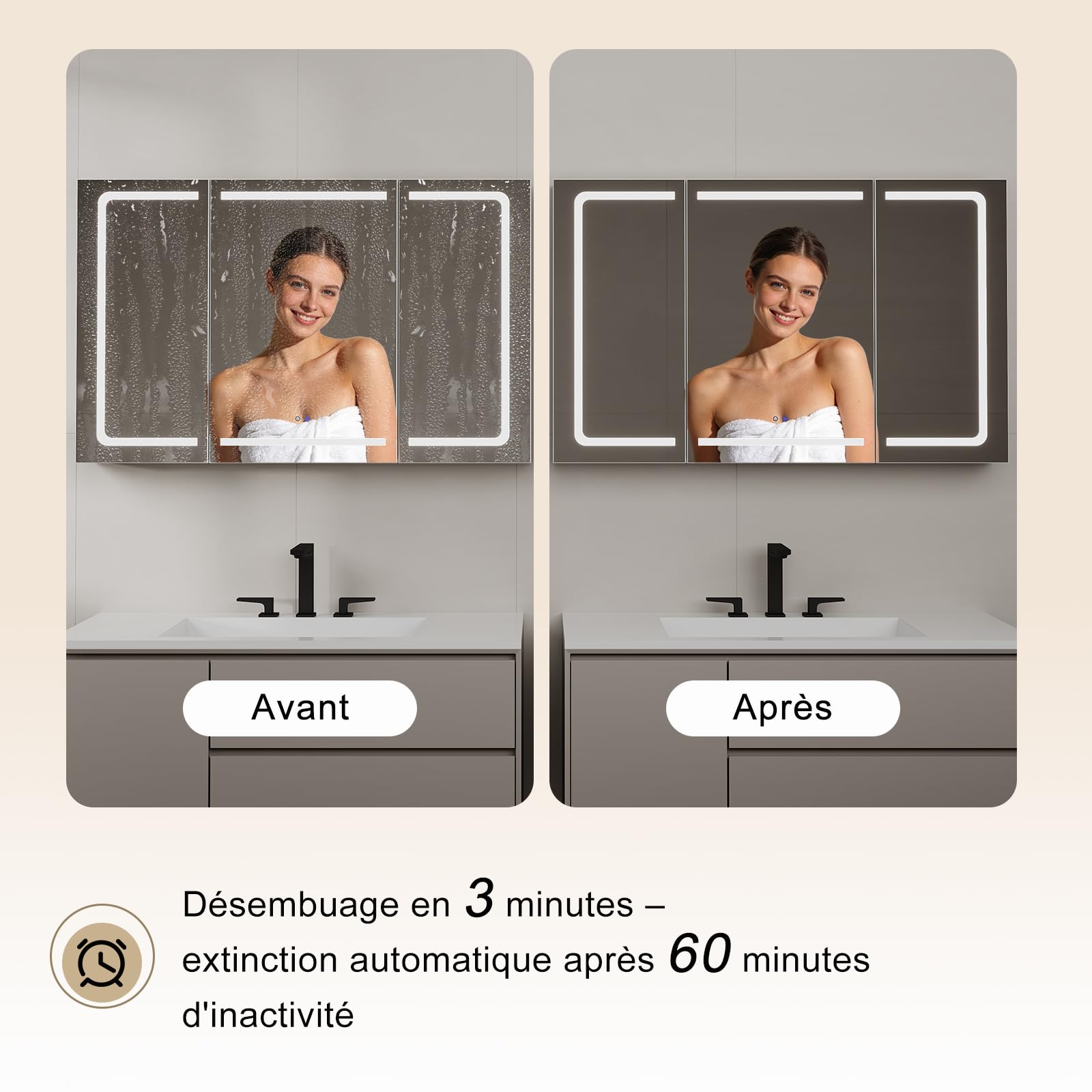 TRIUMPHKEY Armoire de Toilette avec Éclairage, 120 x 75 cm, Design Pliant 3 Panneaux, LED Dimmable, Charnières à Fermeture Douce, Anti-Buée, Prises Intégrées & USB, 5 Niveaux de Rangement