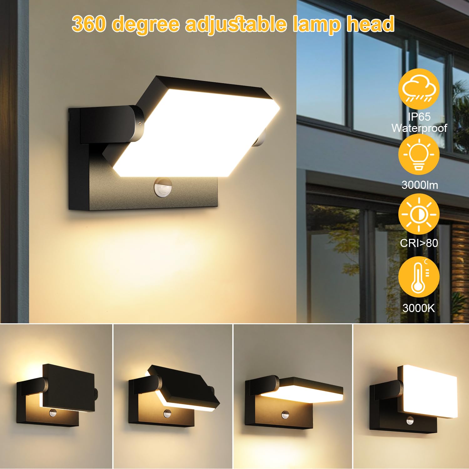 Kingwen Applique Murale LED Exterieure 40 W, Détecteur, 3000 K, IP65 | 3000 lm, détection 120° jusqu’à 5–8 m, panneau orientable à 360°, aluminium noir, classe E, pour entrée et garage