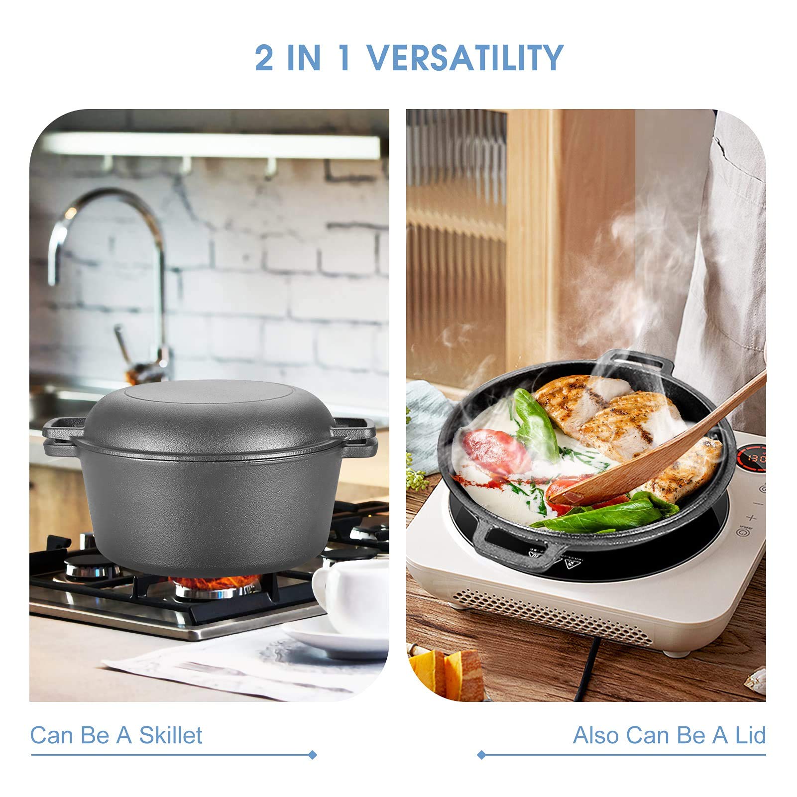 Casserole en fonte, 2 en 1 casserole de 4,5 l Réchaud combiné double Dutch Oven avec couvercle/poêle à frire double fonction de marque pour cuisine camping jardin cuisson barbecue 26 * 26 * 12 cm
