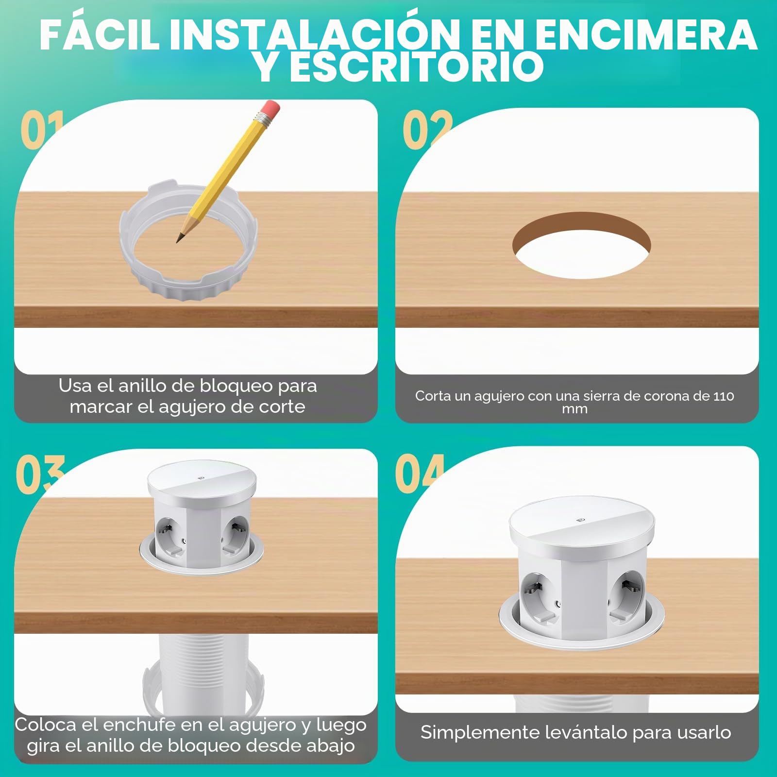 Regleta de toma empotrable para encimera, multienchufe empotrable, toma de mesa retráctil con 3 enchufes, 1 USB-C y 1 USB-A - Mesa retráctil - con cargador inalámbrico (blanco)