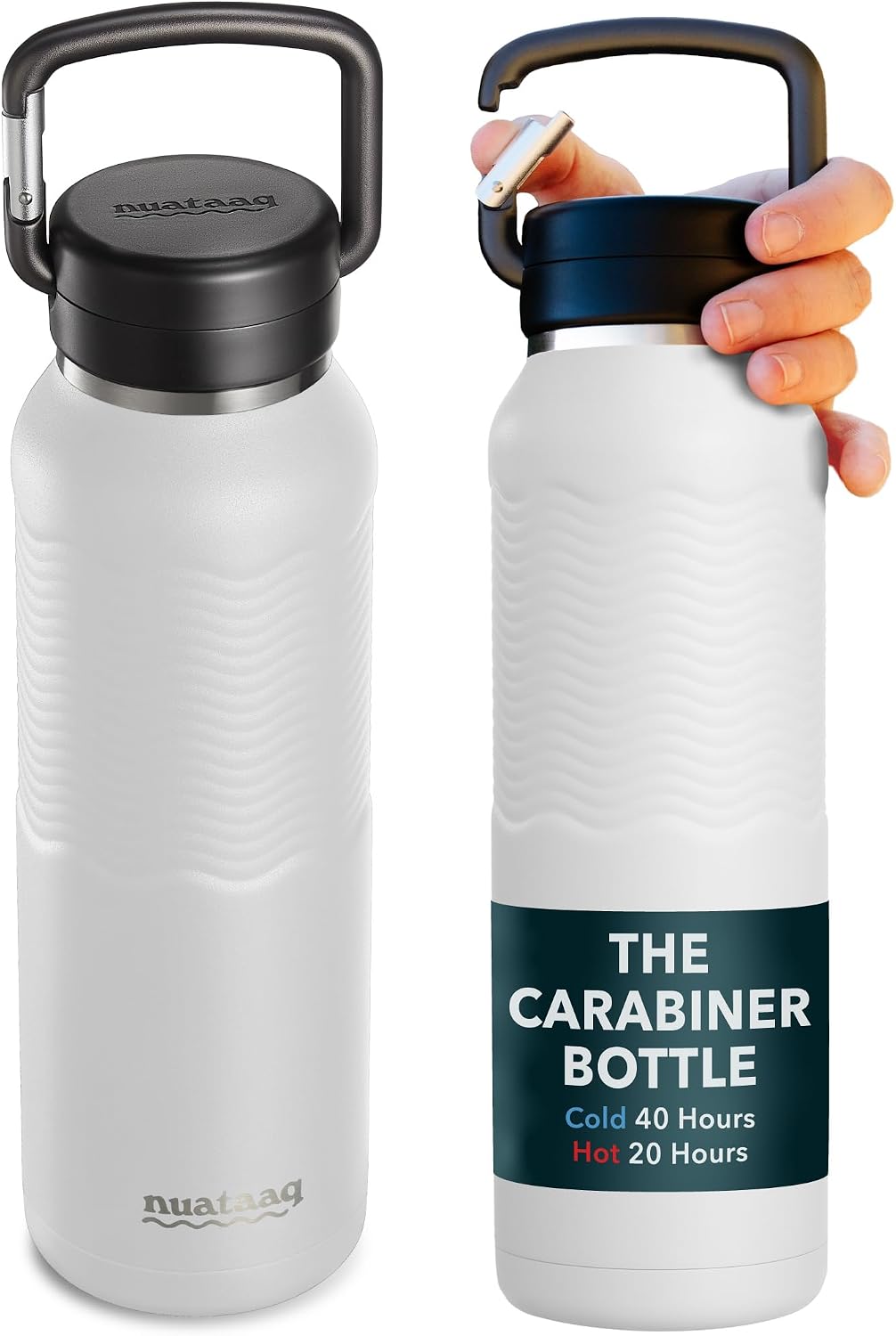 Carabiner Bottle, Insulated Stainless Steel Water Bottle 34oz | Heavy Duty Built In Full Metal Clip For Hiking, Camping, Travel, Survival | Cold 40h, Hot 20h (Mist Gray, 34 Ounces)