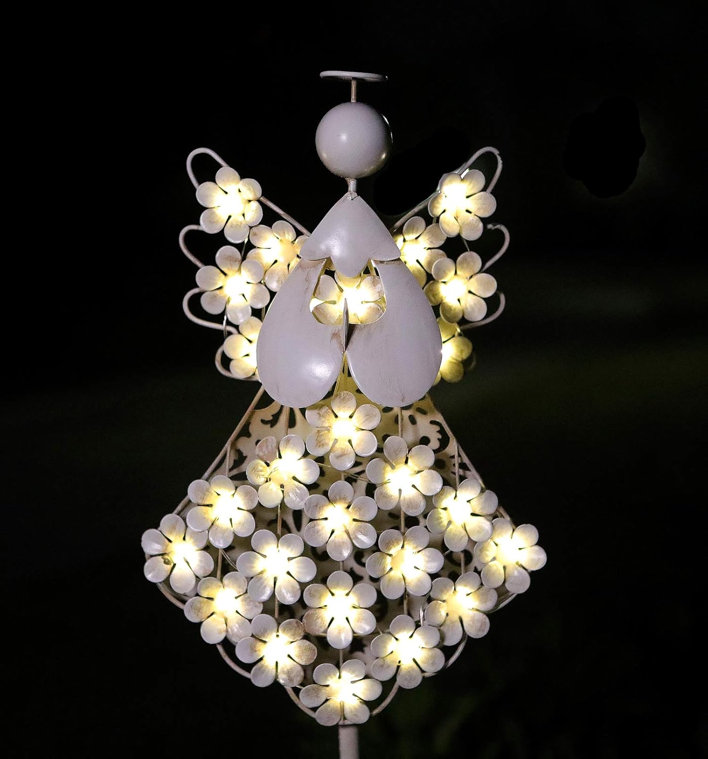WSgift White Cross Garden Stake Solar Lights Metal Hydrangea Cross Stake Memorial Gift w/ 28 LEDs Perfect Sympathy Gifts (10" W x 40" H)