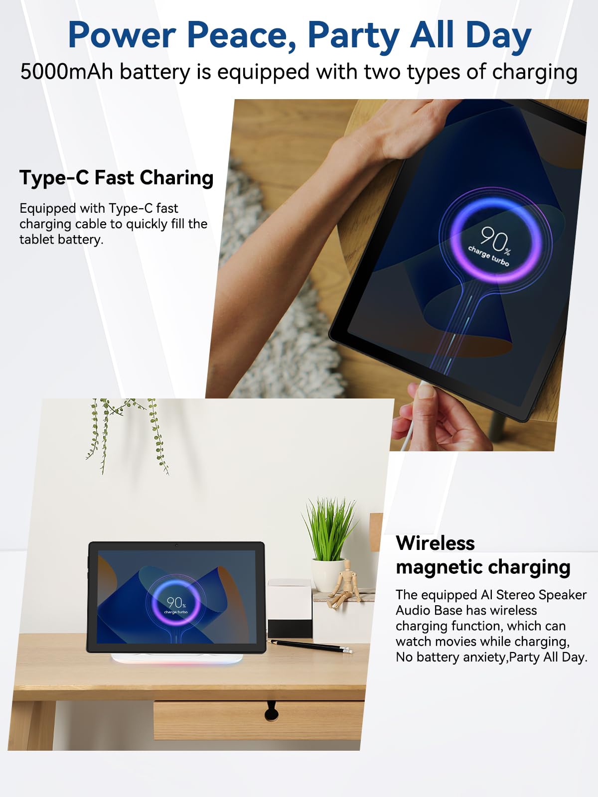 Whitedeer Tablet 10 cali z ośmiordzeniowym systemem Android 14, 14 GB pamięci RAM + 64 GB pamięci ROM, album w chmurze AI i 8 rodzajów białego szumu, aparat 5 MP + 8 MP, Wi-Fi 6 i BT 5.3 (czarny)