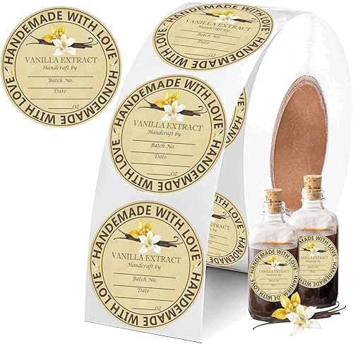 Adhesivo de extracto de vainilla de 2 pulgadas, redondo, color marrón brillante, etiquetas de vainilla caseras de vainilla de Navidad con