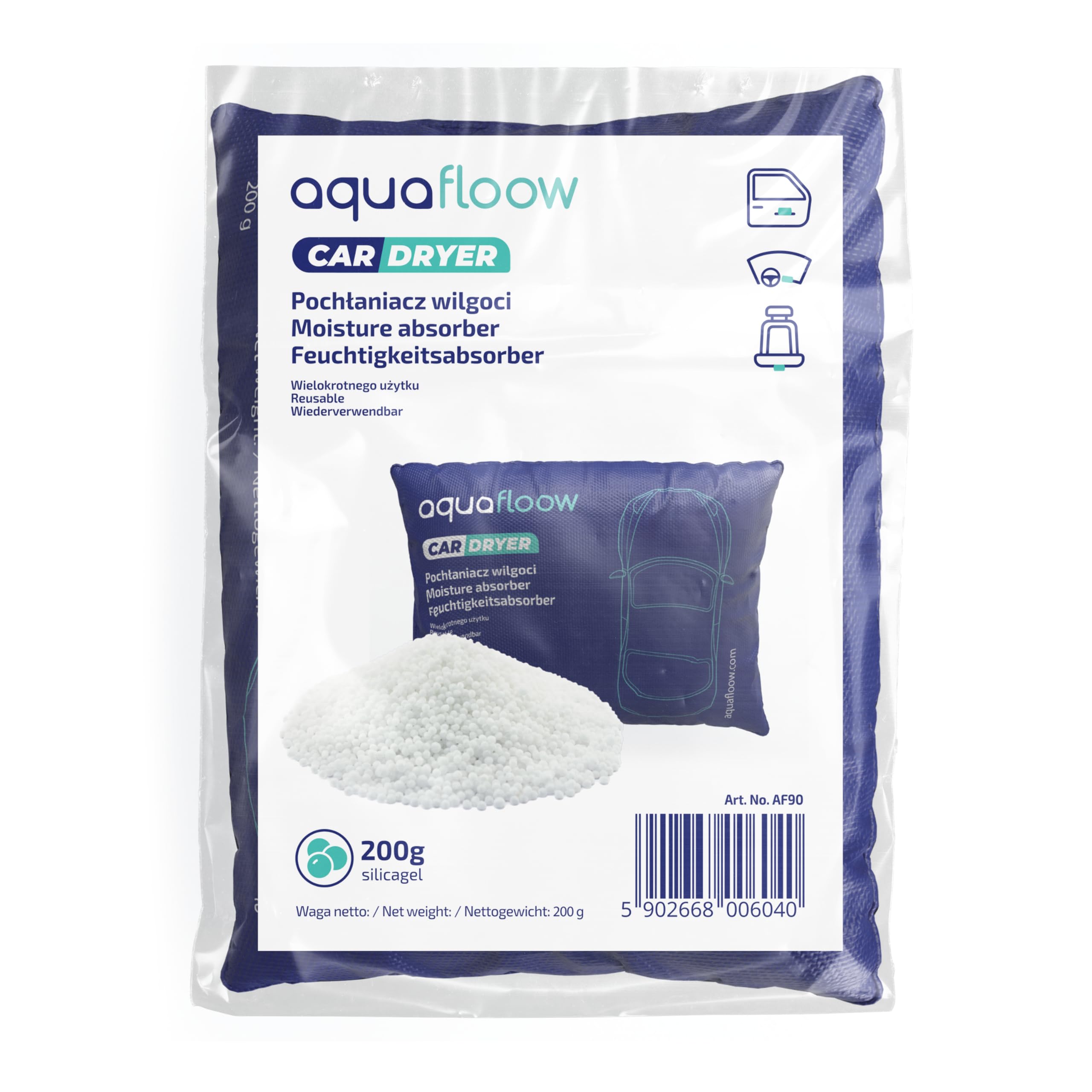 Aquafloow 2x Osuszacz powietrza do samochodu, wielokrotnego użytku, ochrona przed zaparowaniem, do wielokrotnego użytku, poduszka do osuszania zaparowanych szyb samochodowych (2x 0,2 kg)