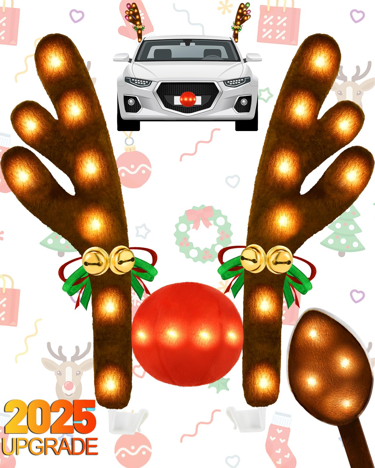 Christmas Reindeer Antlers Car Decoration Kit 2025, LED Lights Nose Vehicle with Jingle Bells Rudolph, Cute Costume Auto Holiday Accessories for SUV Van Truck Decor Warm White