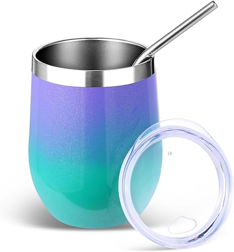 Miniatura 16 de Volhoply - Juego de 12 vasos de vino de 12 onzas con tapa, hechos de acero inoxidable con aislamiento al vacío de doble pared, vasos de vino sin