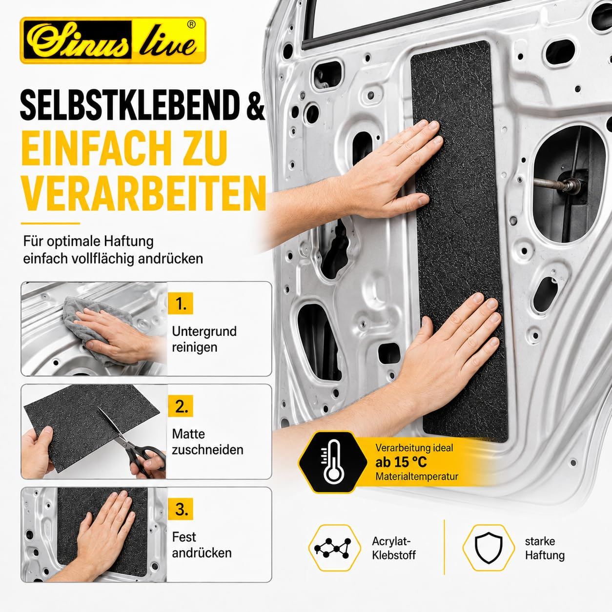 Sinuslive ADM Anti-Dröhn-Matte 50 x 20 cm selbstklebend, 2,7 mm Dämmmatte zur Entdröhnung von Blechteilen, mineralisch gefüllte Spezialmatte, schwarz geruchslos, Made in Germany, Bitumen