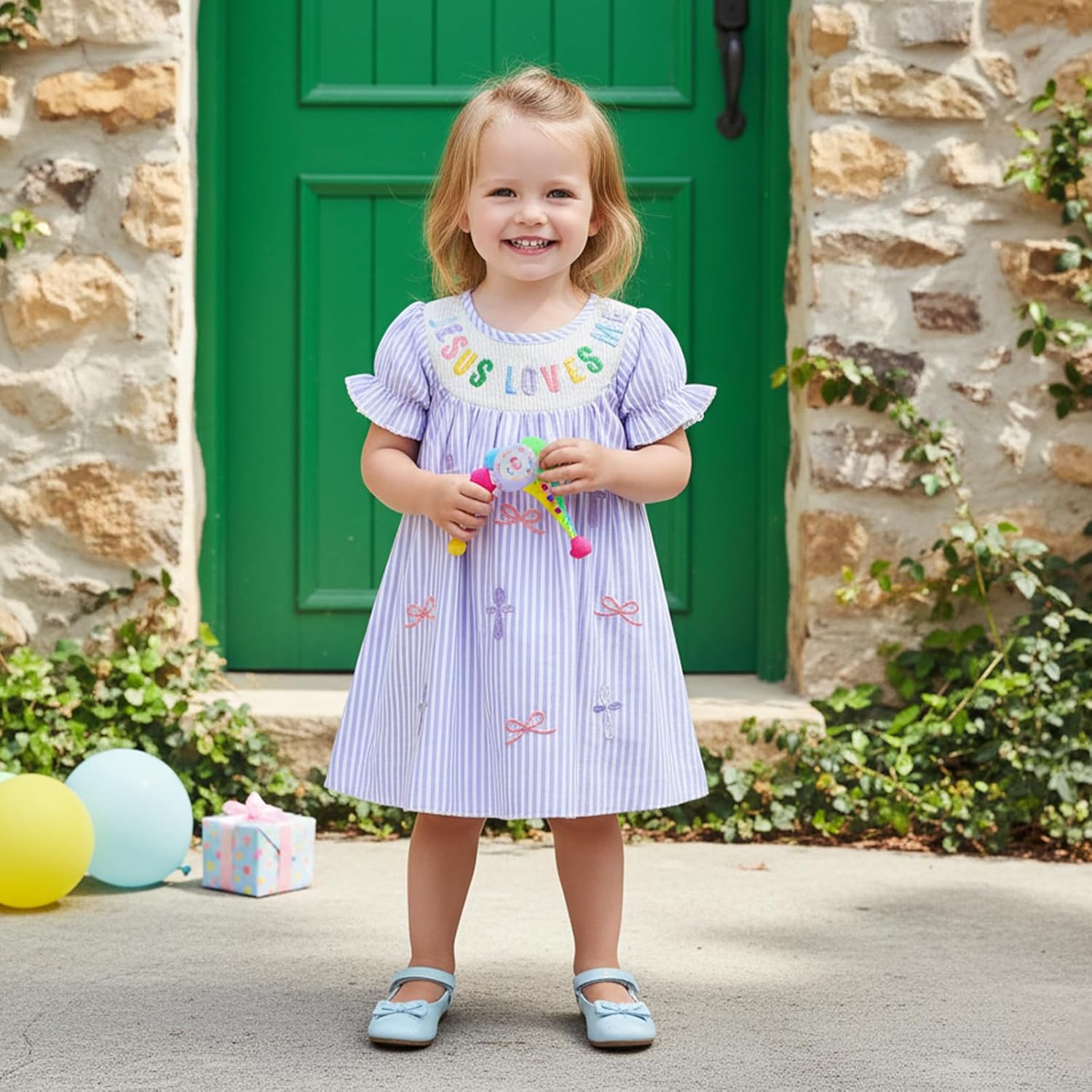 KMBANGI Little Girl Christian Outfit Jesus Loves Me Dress Puff Sleeves Embroidered Smocked Dresses Baptism Outfit Princess - Image 4