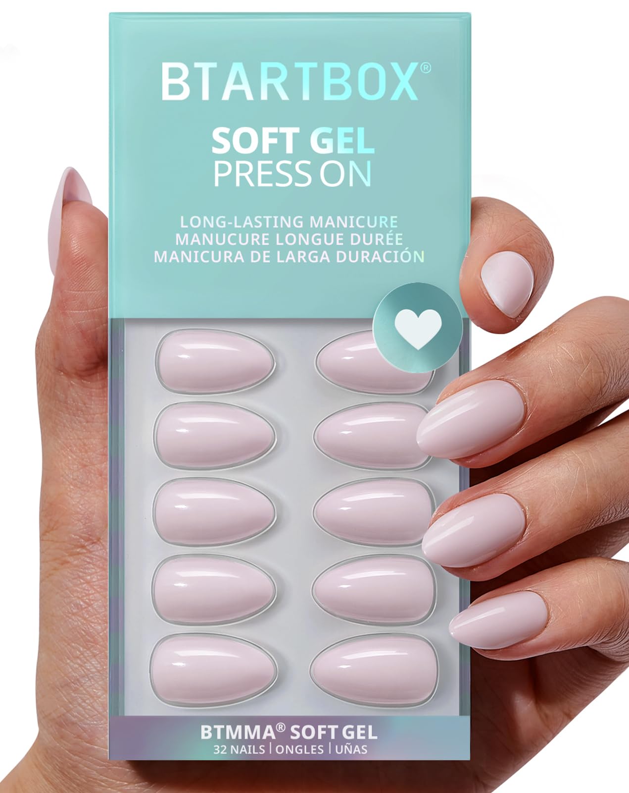 BTArtbox Press On Nails Almond - Pastel Purple Short Press On Nails with Glue for Women, Opaque Soft Gel Glue On Nails in 16 Sizes - 32 Stick On Nails