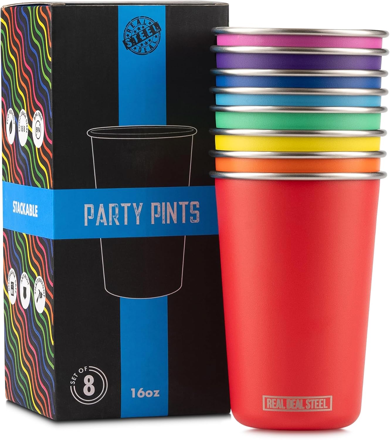 Real Deal Steel Rainbow Cups 16 oz Pint Cups, Stackable Tumblerrs, Eco Friendly Premium Metal Drinking Glasses