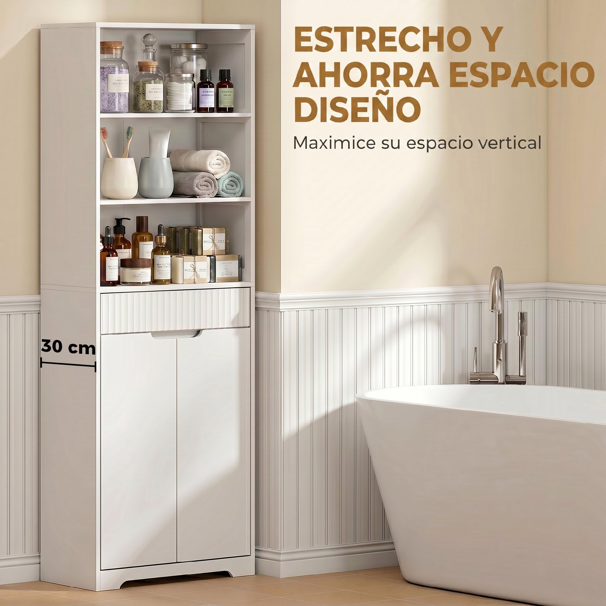 HOMCOM Armario Alto de Baño 3 Estantes Abiertos 60x30x171 cm Blanco | Mueble de Baño Estrecho, Cajón Acanalado, Estante Ajustable, Puertas de Cierre Suave, para Espacios Pequeños