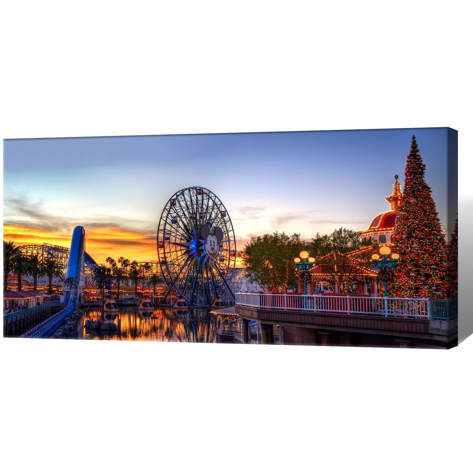 Large California Adventure Theme Park Landscape Sunset Skyline Wall Art Mickey Ferris Wheel Canvas Print Posters Christmas Tree Decor Family Fun Artwork for Kids Room Bedroom 24x48inch Framed