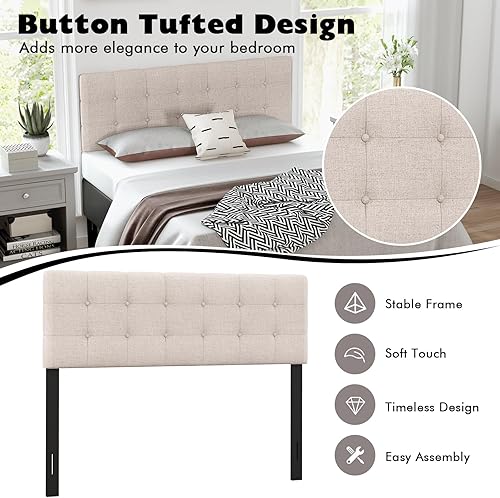 Miniatura 5 de Giantex Cabecera tapizada de lino, cabecera capitoné de ancho ajustable con botones solo con patas de madera maciza, marco de fijación, cabeceras