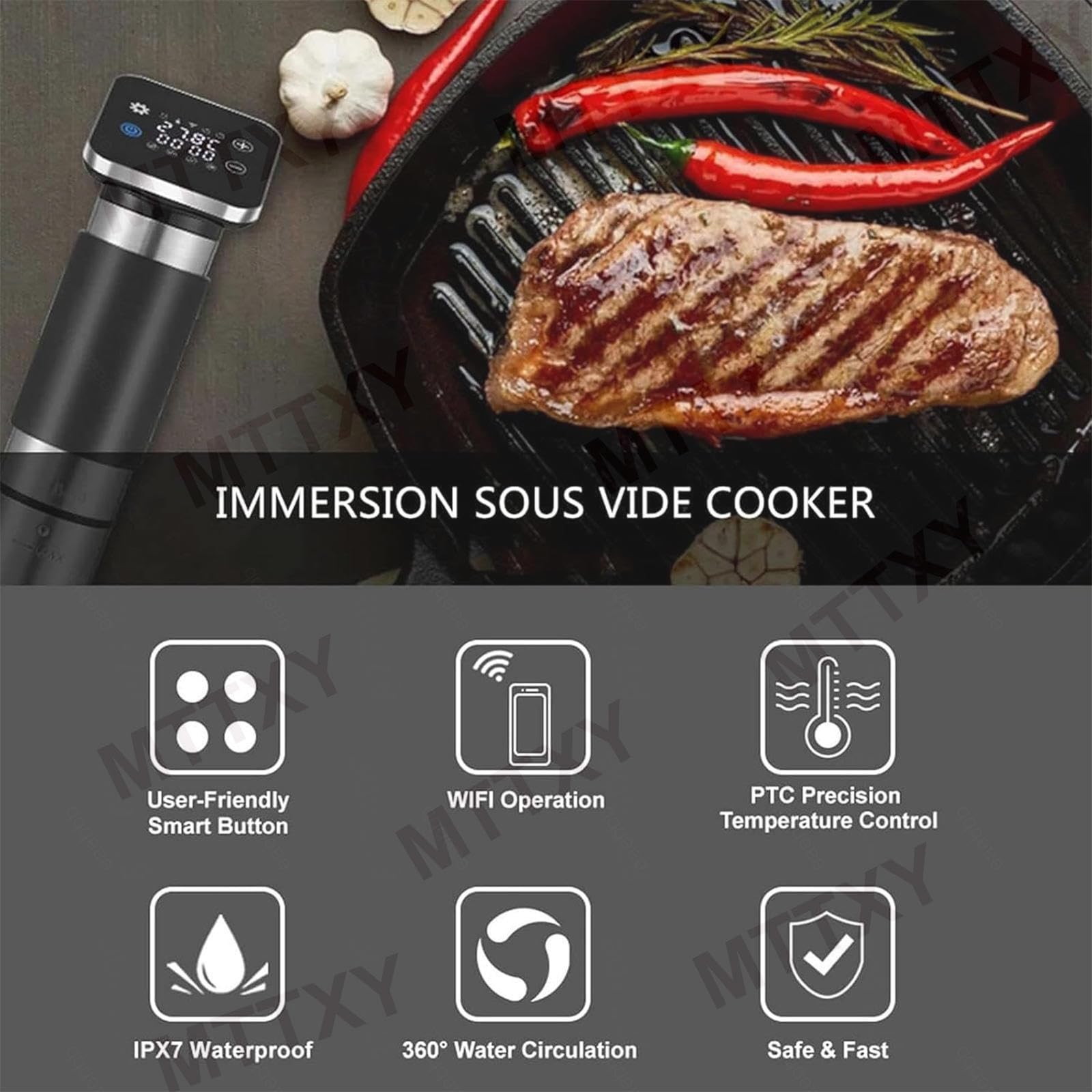 Olla Sous Vide de 1300 W, Dispositivo Sous Vide de Agua con Temporizador Digital y Control de Aplicaciones, Control de Temperatura 0-90 °C, Calefacción por Circulación 3D y Ultrasilencioso