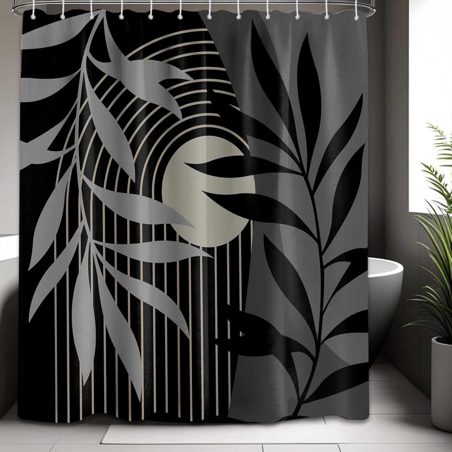 Boho Shower Curtain Black and Grey Mid Century Modern 72x72 in
