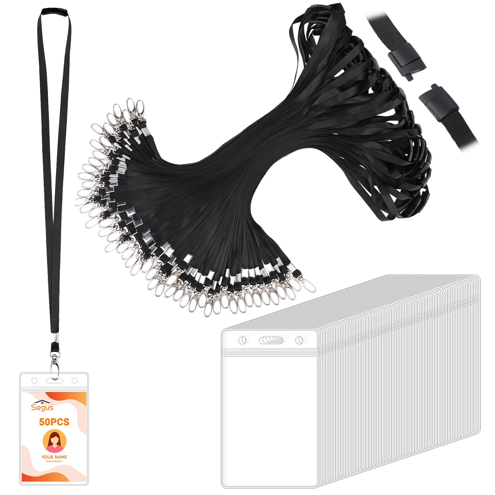 Segus Acreditaciones Colgantes, 50 Piezas Lanyard con Porta Tarjetas Identificativas, Cuelga Llaves Cuello con Cierre de Seguridad, para Oficina, Escuela, Ferias (Negro, Vertical)