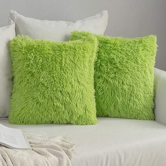 MIULEE Pack of 2 Faux Fur Throw Pillow Cover Fluffy Soft Decorative Square Pillow covers Plush Case Faux Fur Cushion Covers For Livingroom Sofa Bedroom 16"x16" Green