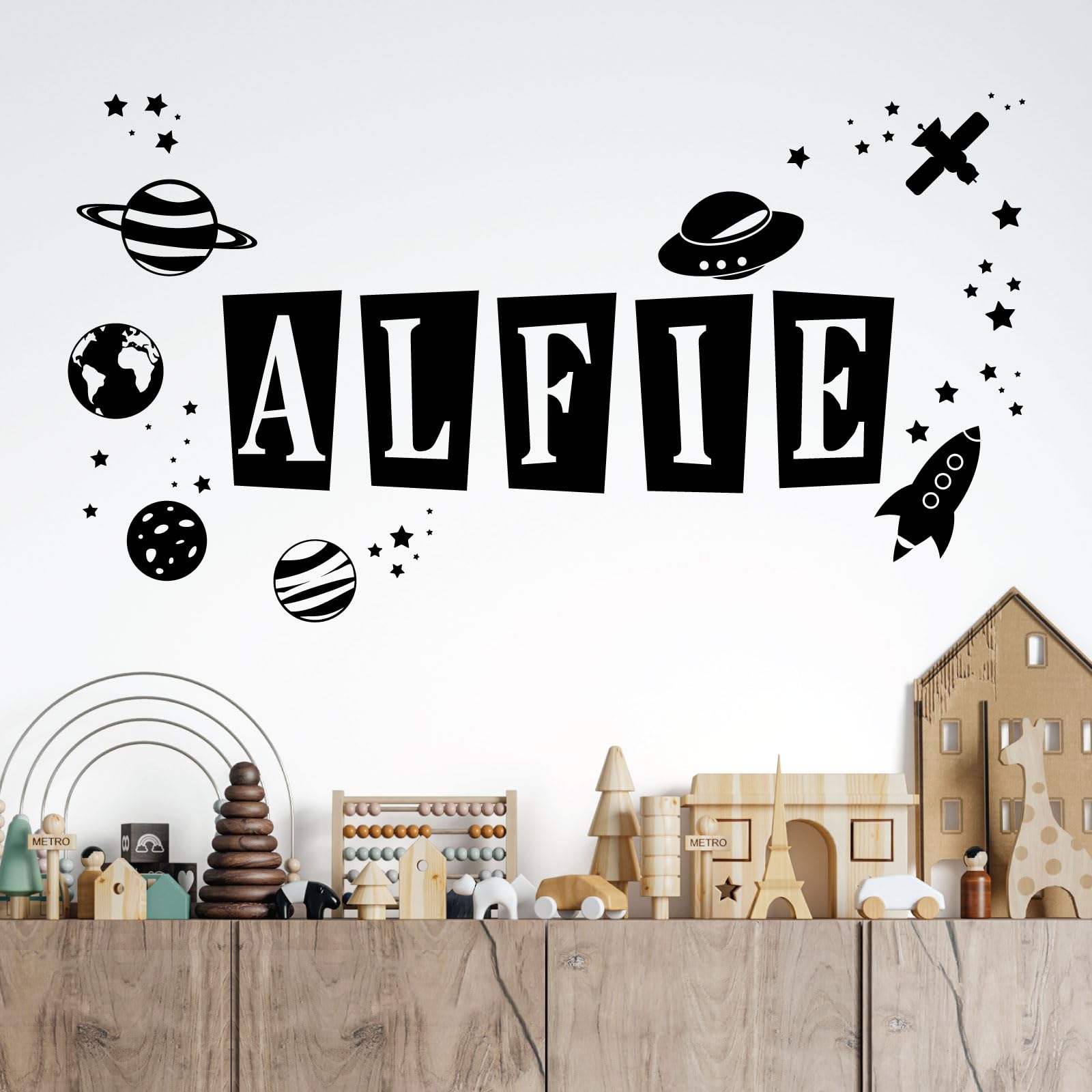 Personalised Name Children Wall Art Sticker - Space Theme, Planets, Stars, Earth, Rocket, UFO [Large] [Black] — image 1