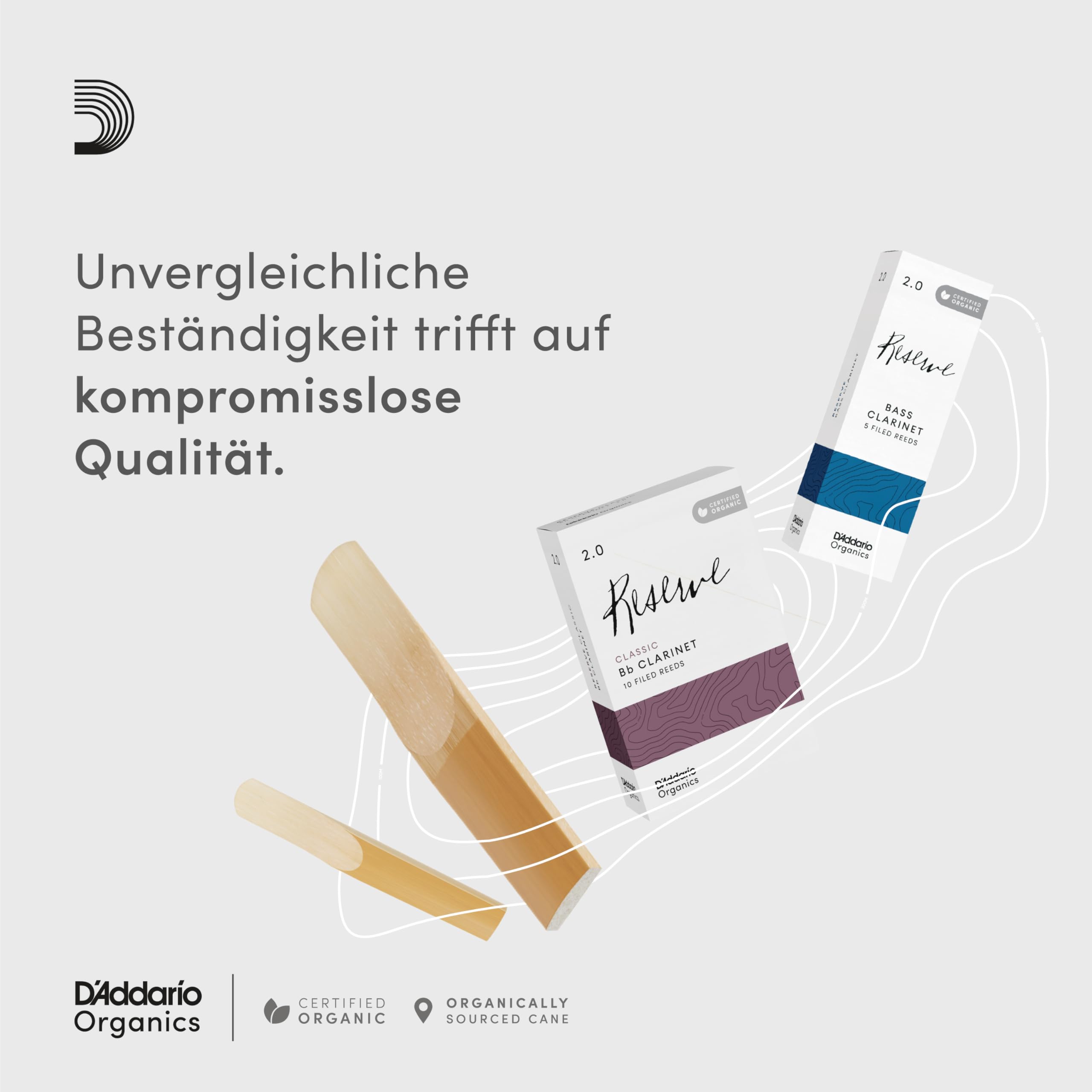 D'Addario Organisch Reserve Bb Klarinettenblätter - Rohrblätter für Klarinette - Das erste und einzige Bio-Schilfrohr - 2.0 Stärke, 10 Packung