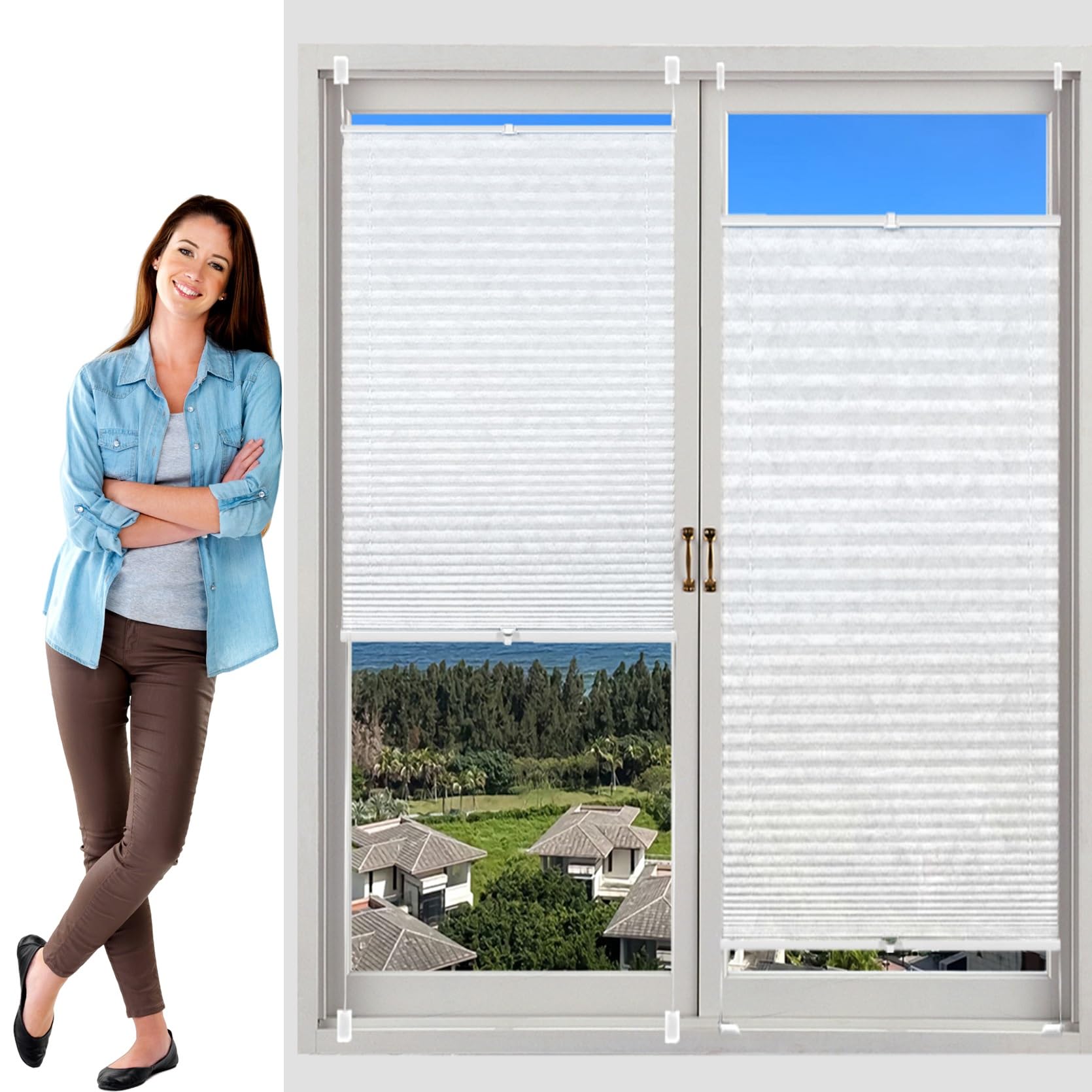 Huanqin White No Drill Blinds Temporary Window Blinds 70 X 75 Cm (W X H), No Tool No Drill Shades Top-Down Bottom-Up, Blinds Window No Drill Privacy Blinds, Blackout Cellular Shades, For Window Door,