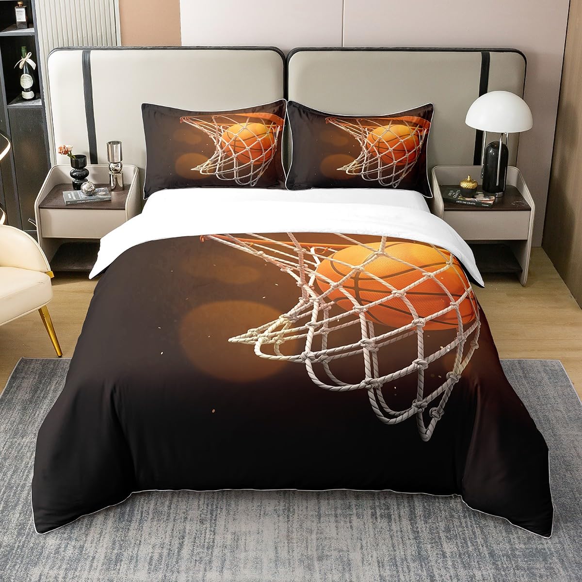 Loussiesd BasketballA 100% Cotton Duvet Cover Double Size Gaming Sports Bedding Cotton Duvet Cover Set Ball Games Orange Bedspread Cover