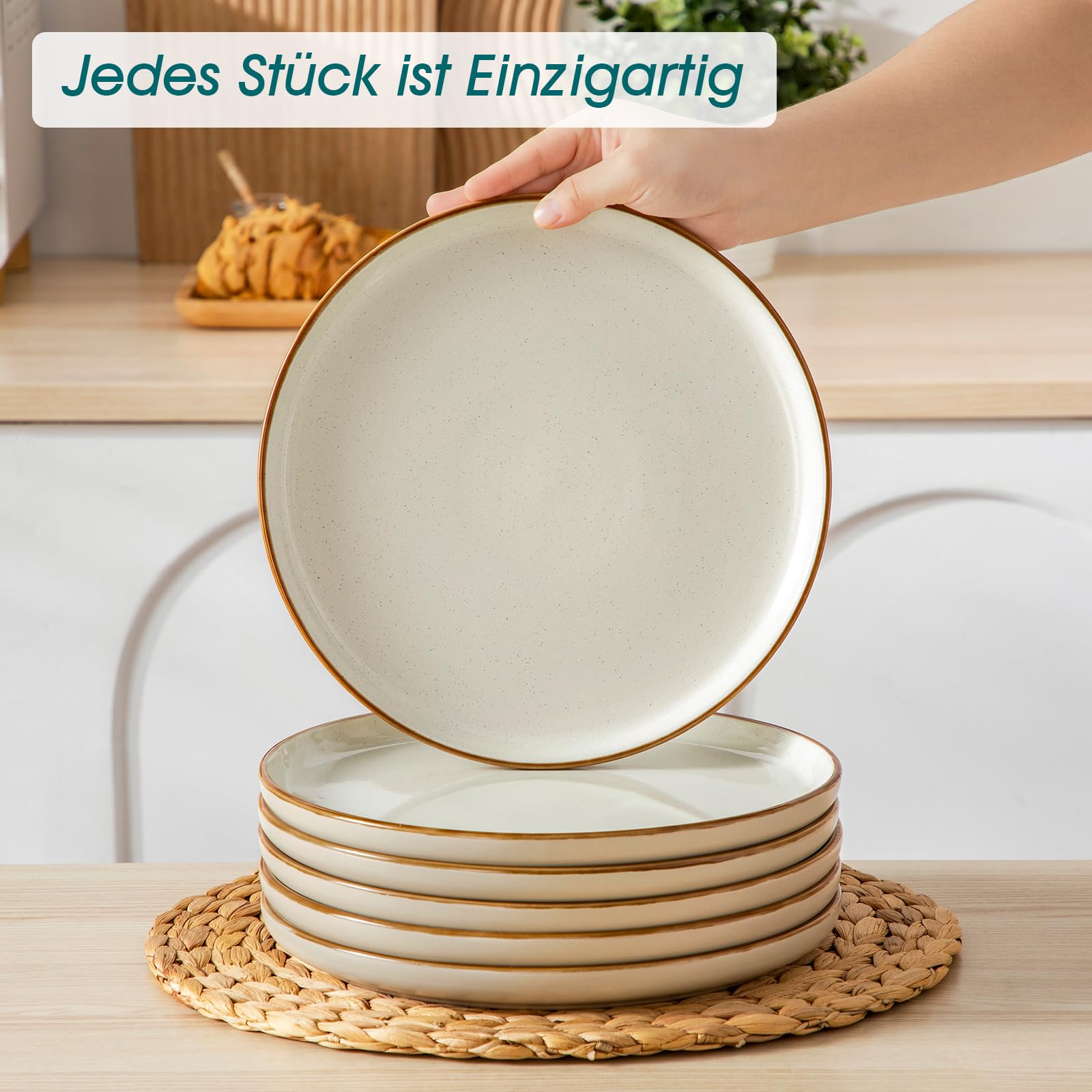 Geschirrset 6 Personen, vancasso RENO 24-tlg Steingut Teller Set Modern, Tafelservice mit Speiseteller, Suppenteller, Dessertteller, Schüsseln, Geschirr Spülmaschinenfest & Mikrowellengeeignet, Beige