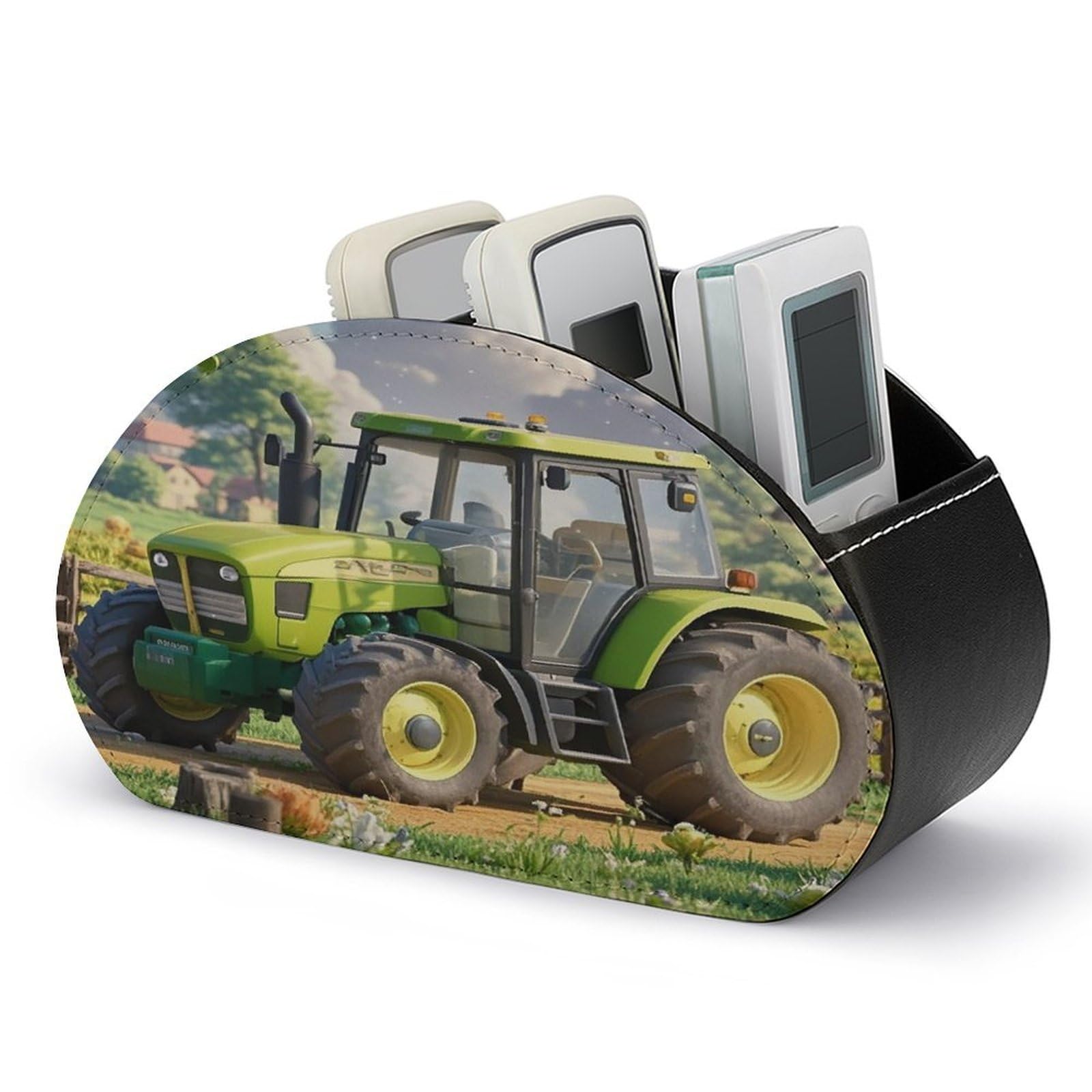 LZQPOEAS Tractor Farm Remote Control Holder with 5 Compartments PU Leather Remote Organizer Box Caddy for Table Nightstand Remote Caddy Desktop Organizer Fits Media Controllers