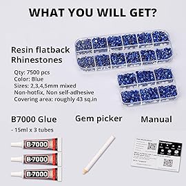 7500Pcs Blue Rhinestones Flatback with b-7000 Jewelry Glue for Crafts Clothing Clothes Fabric Tumblers, Royal Dark Navy Blue Flat Back Gems, Crystals Diamonds Different Sizes 6/10/16/20 ss, Non Hotfix