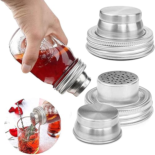 Miniatura 4 de Lyellfe Paquete de 8 tapas para coctelera de tarros, tapas de acero inoxidable para frascos Mason, tapa de especias con sello de silicona para tarro