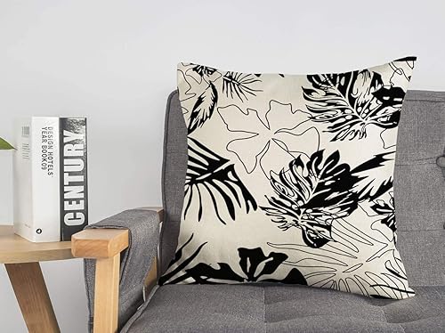 Throw Pillow Cover for Car Couch Bedroom Textile Paradise Black Palm Summer White Tropical Spring Leaves Pattern Flower Abstract Wild Plant Linen