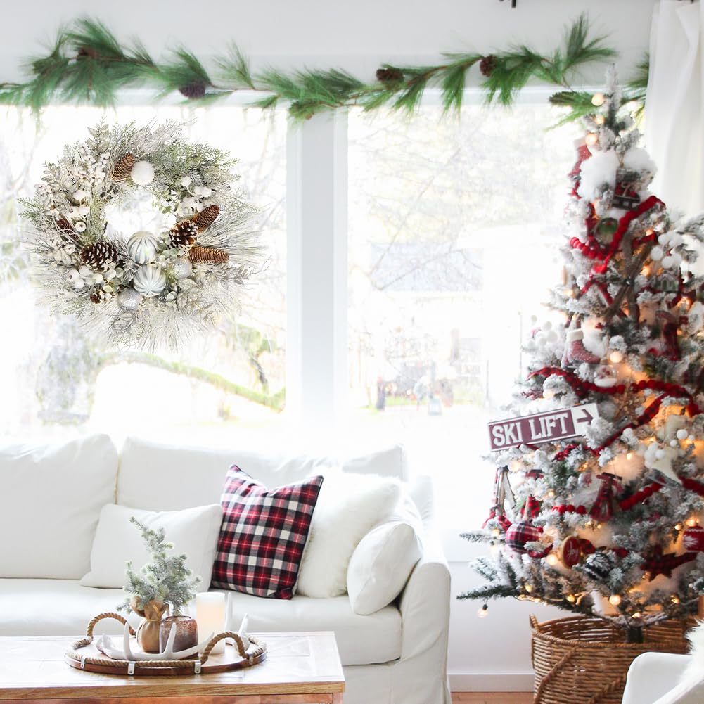 Ø61cm Weihnachtskranz Künstlicher Kranz mit Dekorative Weihnachtskugeln, Tannenzapfen, Beeren für Haustür, Hauswandbehang oder Weihnachtsdekoration, Winterschmuck Winterschmuck