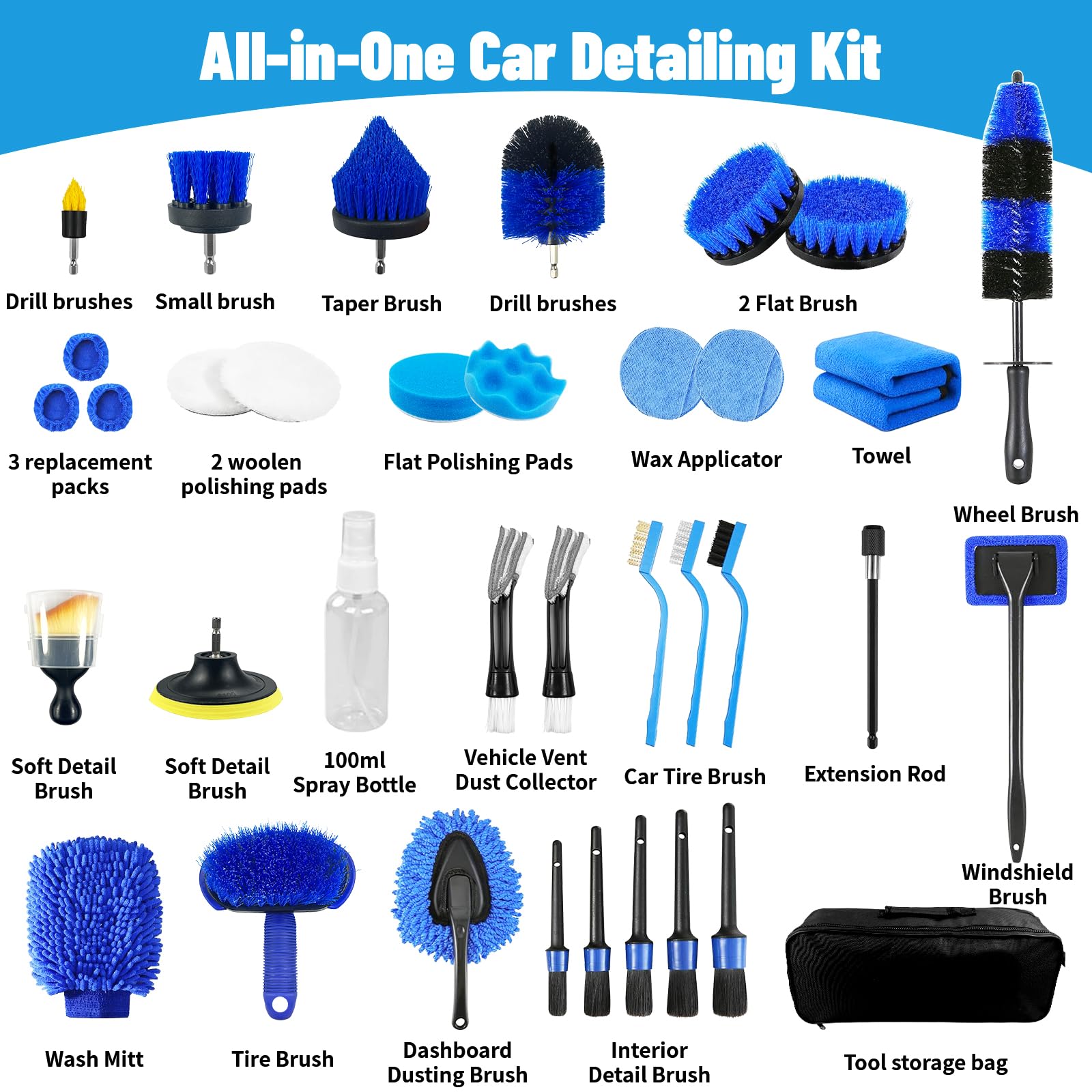 Kit di pulizia per auto, 36 pezzi, kit di pulizia per auto con set di pennelli professionali per dettagli auto, set di pennelli per dettagli auto, kit di lavaggio auto, kit di pulizia per interni ed