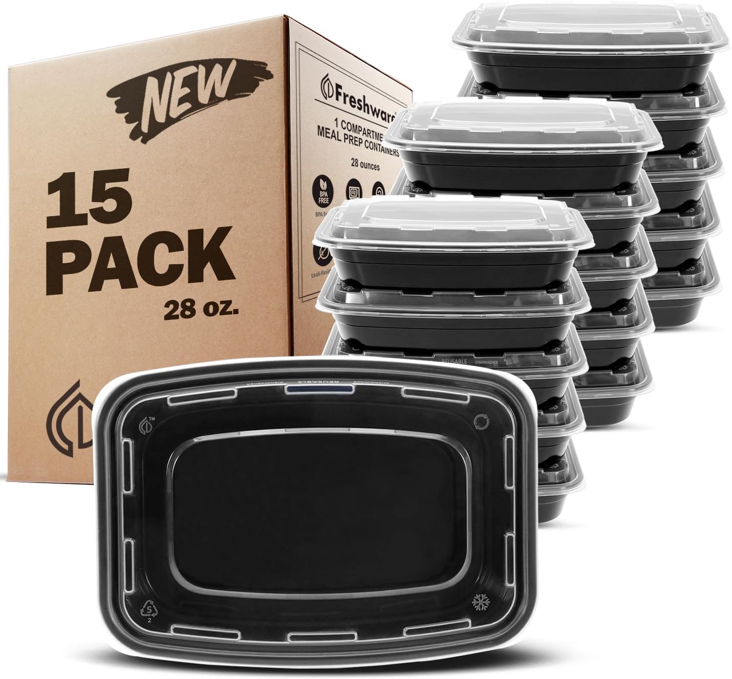 Freshware Meal Prep Containers [15 Pack] 1 Compartment with Lids, Food Storage Bento Box | BPA Free | Stackable | Lunch Boxes, Microwave/Dishwasher/Freezer Safe, Portion Control, 21 day fix (28 oz)