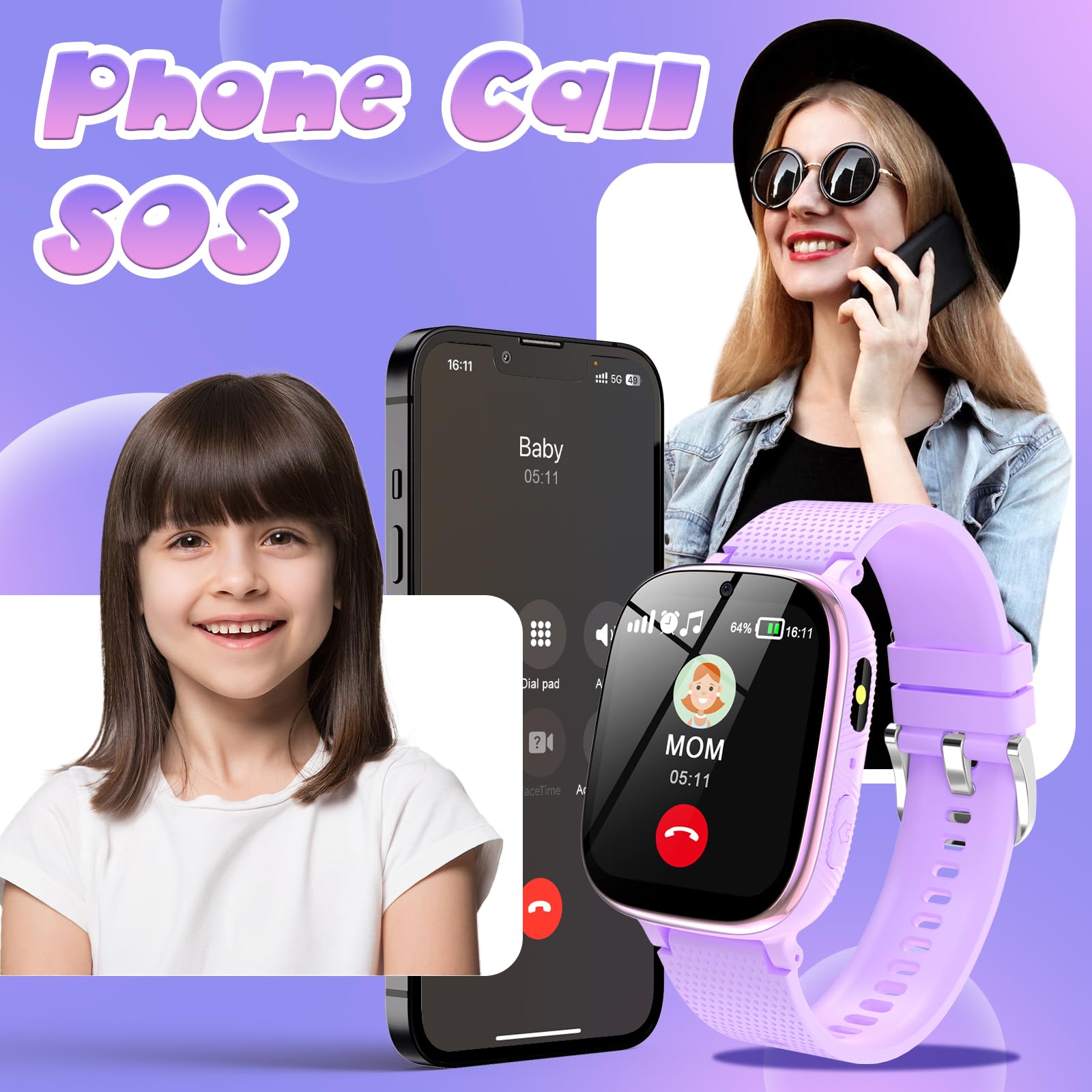 PTHTECHUS Orologio Smartwatch Bambini, Giochi, Chiamate, Contapassi, Smartwatch per Bambini con 2 Fotocameras, SOS, Lettore Musicale, 4-12 anni bambini Festiva Regalo