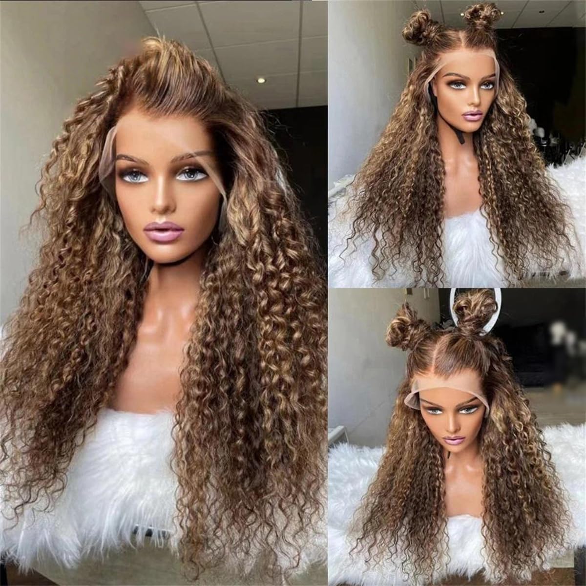 Kelsiop Brown Curly Lace Front Human Hair Wig Blonde Highlights 13X6 HD Lace Front Wig Glue Free 13X4 Women's Wig
