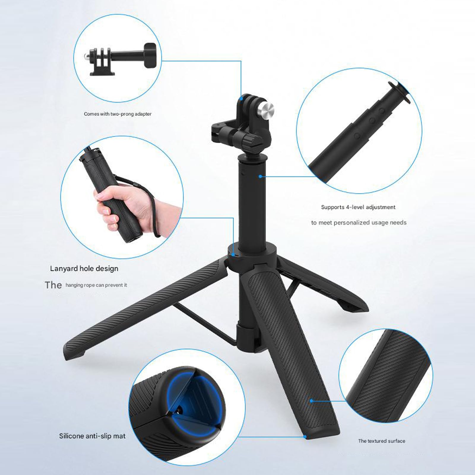 Treppiede portatile per action camera con testa a 360 gradi e gambe telescopiche selfie stick
