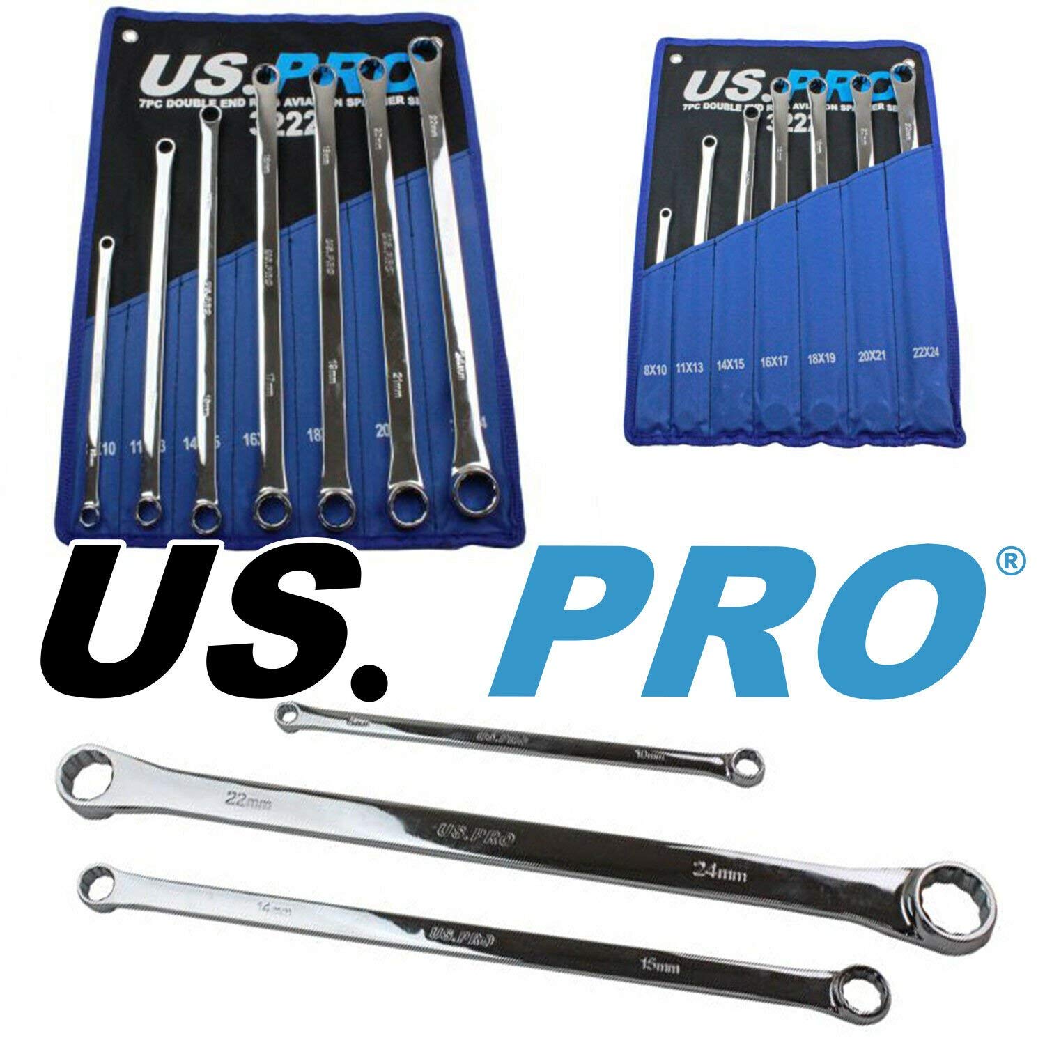 US PRO Tools 7pc Aviation Double Ended Ring Extra Long Spanner Set 8-24mm 3222