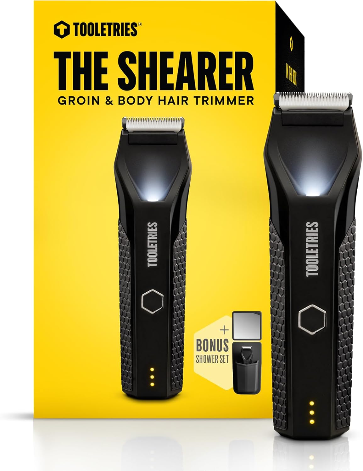 TOOLETRIES The Shearer - Groin & Body Hair Trimmer for Men, Electric Shaver for Pubic Hair, Balls, Groin, Chest, Legs, Waterproof Wet/Dry Clippers, Rechargeable, Bonus Shower Kit - Black