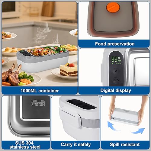 Miniatura 7 de Fiambrera eléctrica inalámbrica para adultos, lonchera térmica recargable de 1 litro, calentador de alimentos portátil autocalentable alimentado por