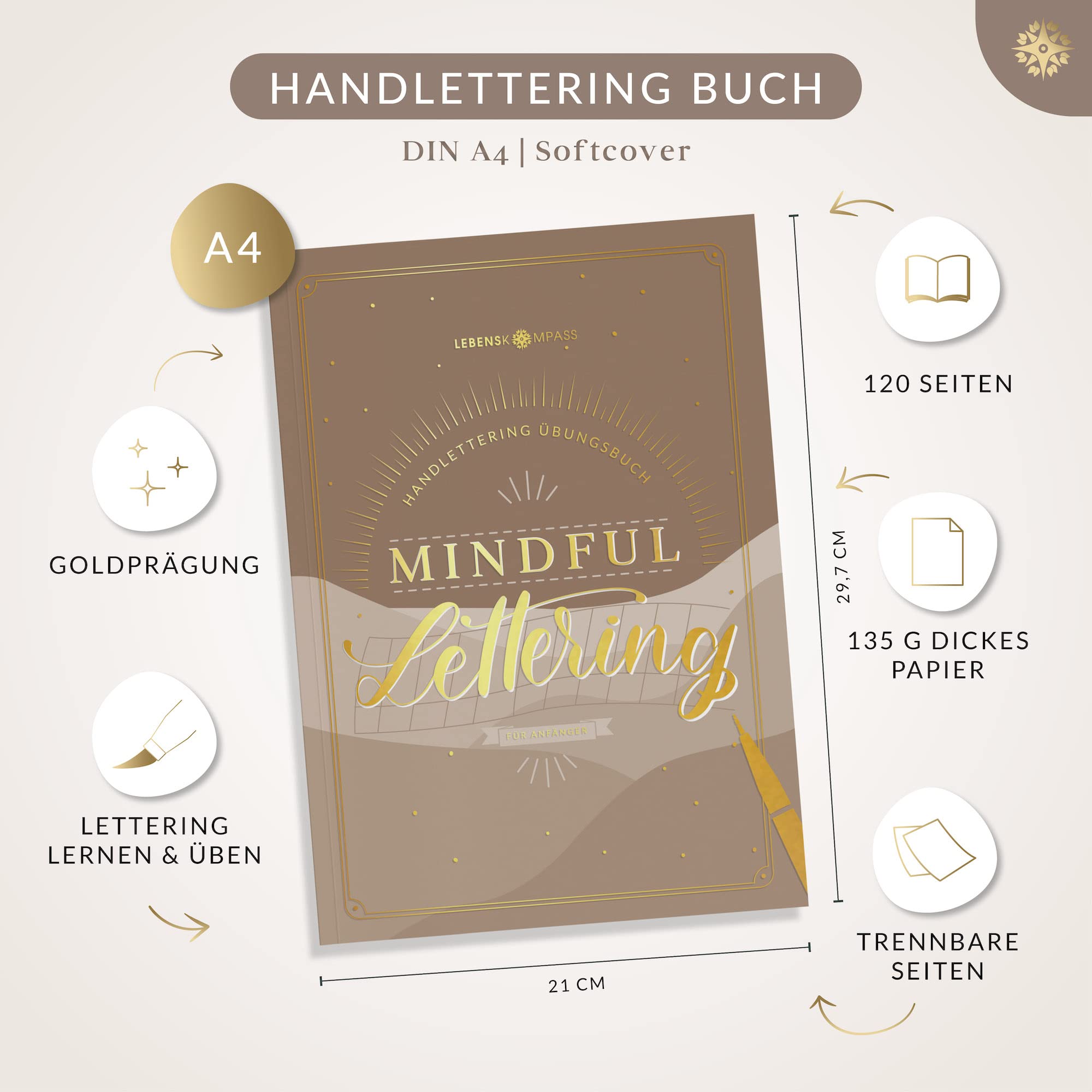 LEBENSKOMPASS Handlettering Starter Set mit Stiften und Buch für Anfänger ”Mindful Lettering” Kalligraphie und Hand Lettering lernen mit Übungsheft und Stiften