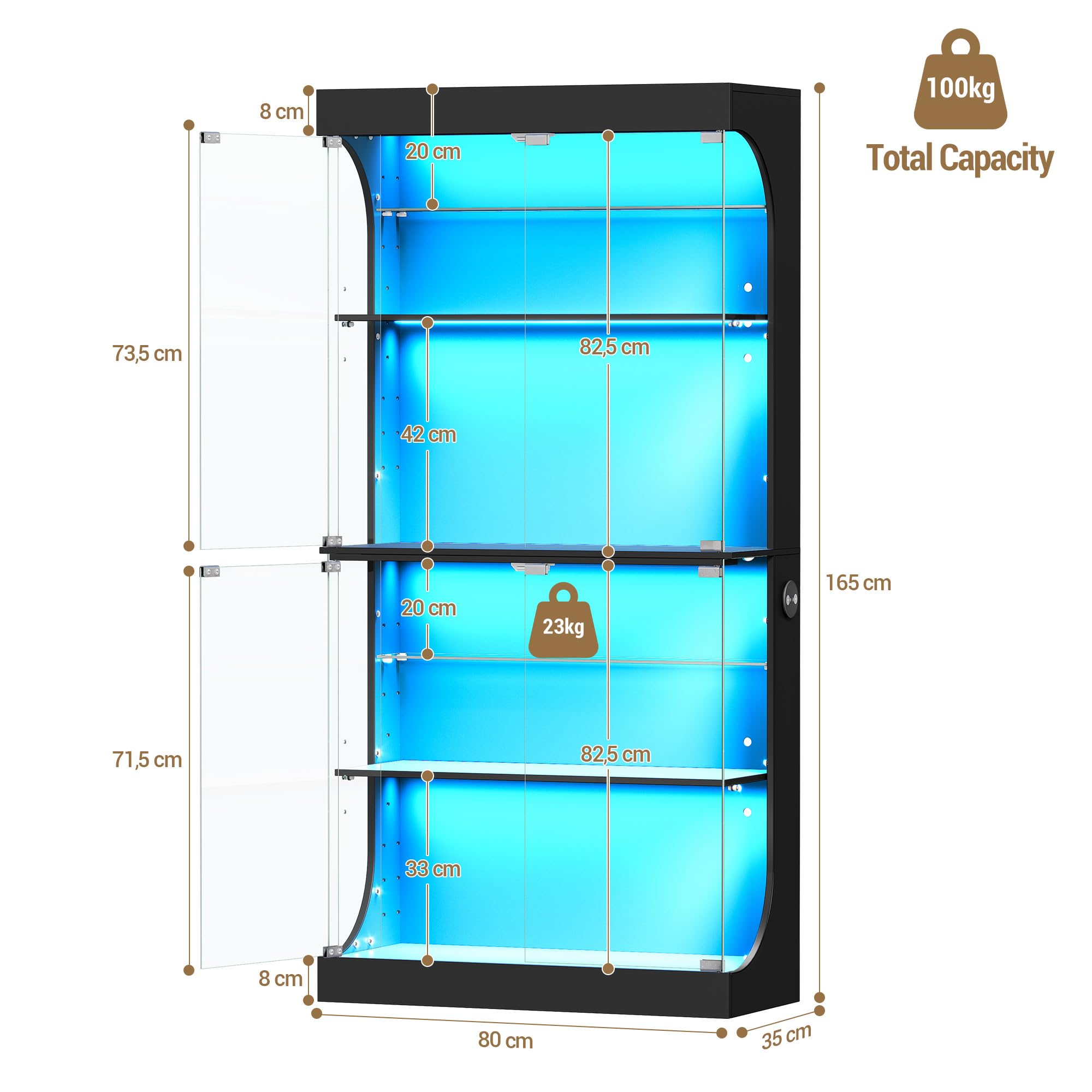 Hzuaneri Vitrine, Glastvitrine mit Intelligente Sensorik, Vitrinenschrank mit RGB-Leuchten, mit 6 Regalen, für Büro, Wohnzimmer, Schwarz, 35 x 80 x 165 cm, DC00206XEU