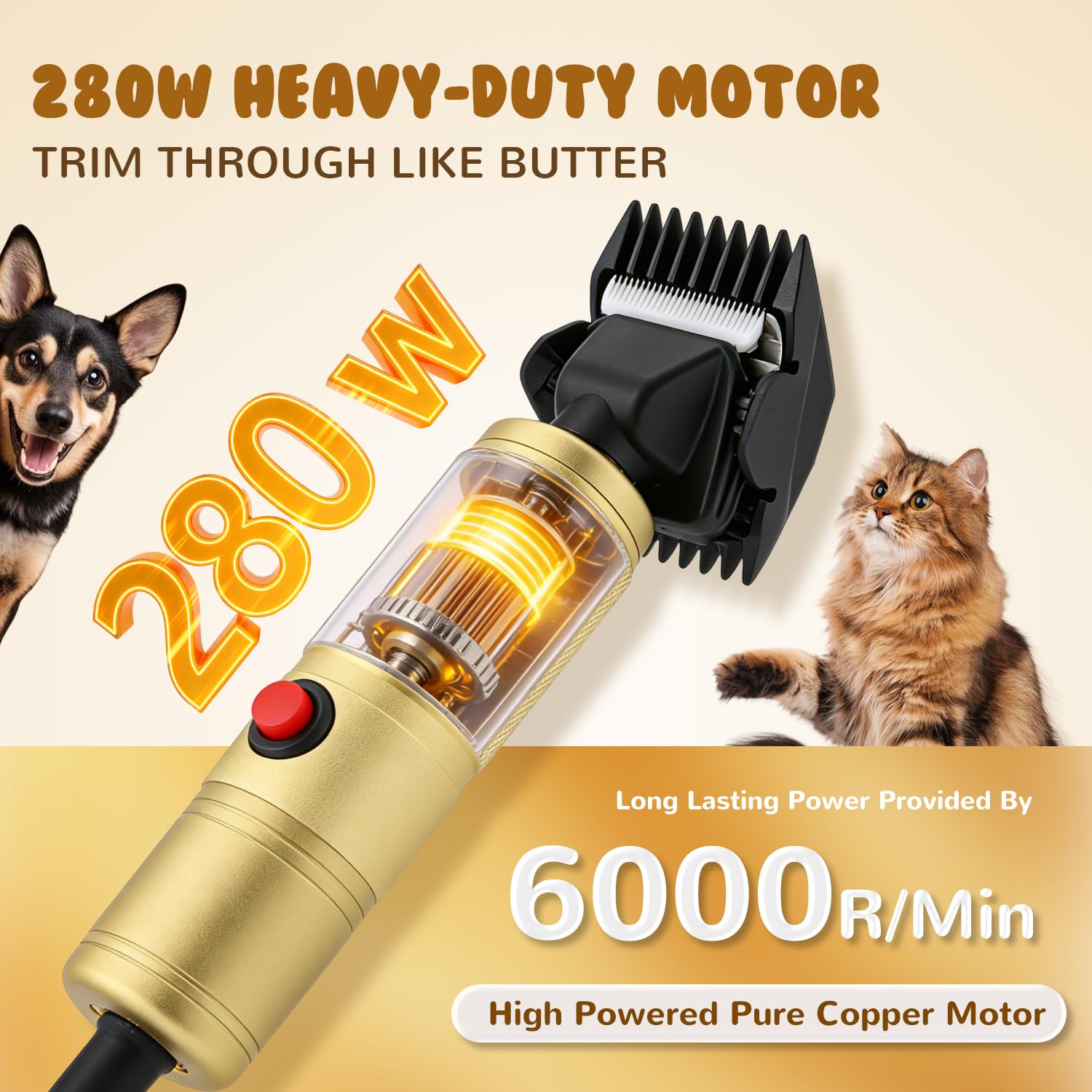CGOLDENWALL Leise Hundeschermaschine Profi 280W, 2000-6000U/min, <50dB, 3m Kabel, 2 Keramikklingen, 2 Aufsteckkämmen für Hunde, Katzen