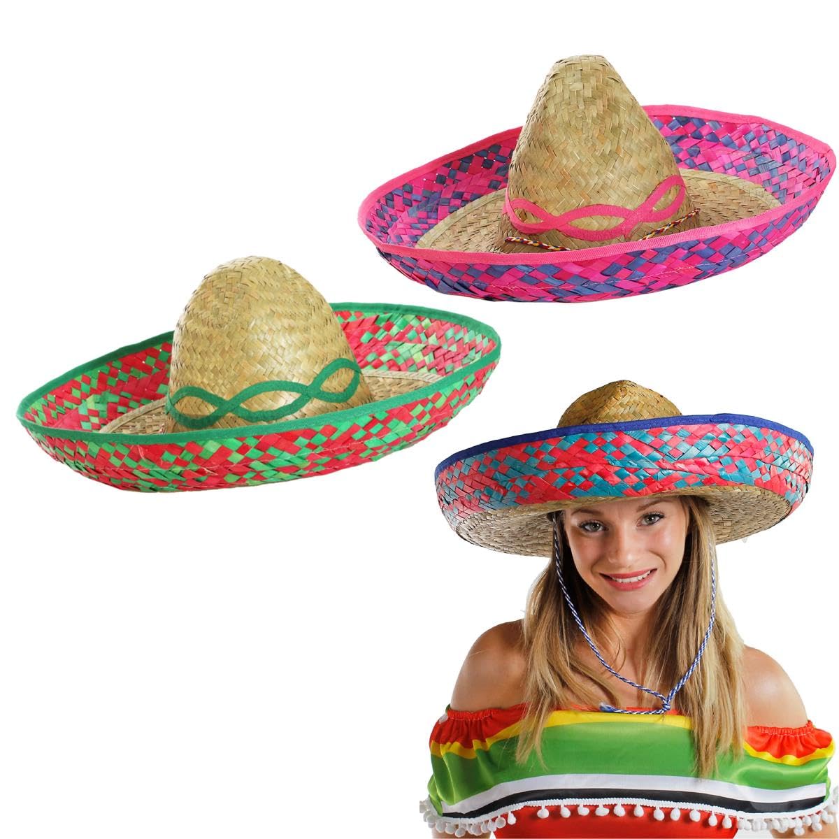 Adults Straw Sombrero Hats with Two-Tone Decorative Trimming - Mexican Summer Fancy Dress Party Hen Stag - 3 Mixed Hats (Blue, Pink and Green)
