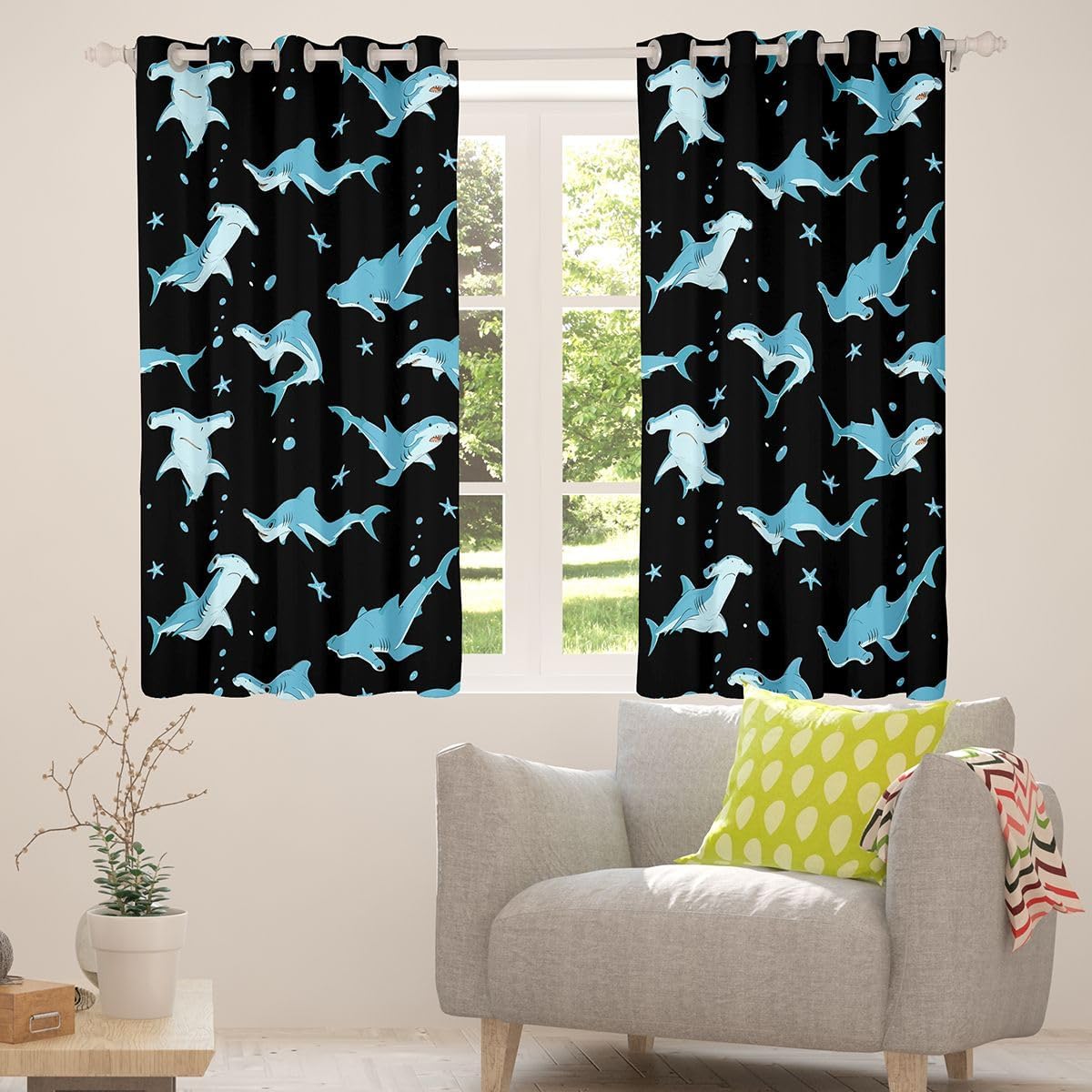 Feelyou Hammerhead Shark Curtains for Bedroom Living Room Hammerhead Shark Lover Gifts Blackout Darkening Drapes Ocean Sea Shark Window Treatments, 2 Panels 38x45 Inch Sealife Marine Room Decor Black image 4