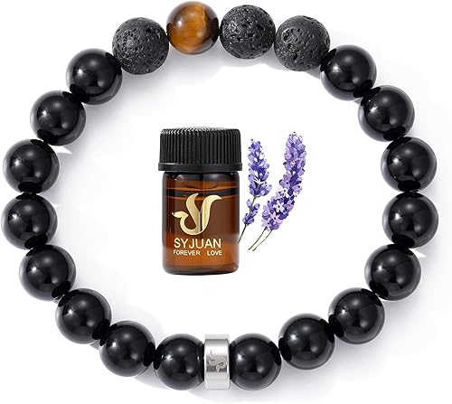 SYJUAN Pulseras de cuentas de roca de lava para hombres, pulseras de curación de chakras de yoga con aceite esencial de lavanda, alivio del estrés,
